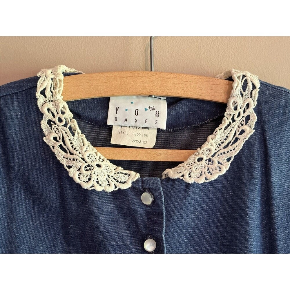 VTG 80s 100% Cotton Denim Button Up Peasant Dress Boho Prairie Size 11/12 USA - Picture 2 of 10